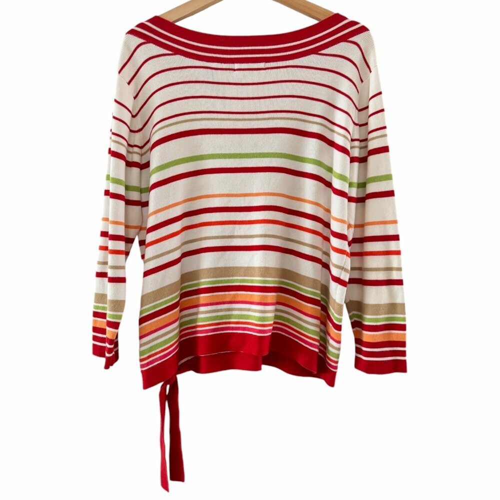 Karen Scott Colorful Red Stripe‎ Tie Waist Boatneck Knit 3/4 Sleeve Top